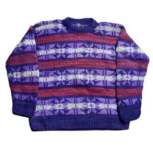 Vintage Rey Wear Wool Chunky-Knit Sweater Adult XL Purple Red Fair Isle Ecuador